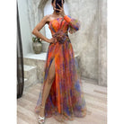 Vibrant multicolored one-shoulder gown with a high slit and tulle detailing.