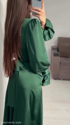 Elegant Puff Sleeve Ruffled Maxi Dress in Green with Belted Waist and Flowing Skirt