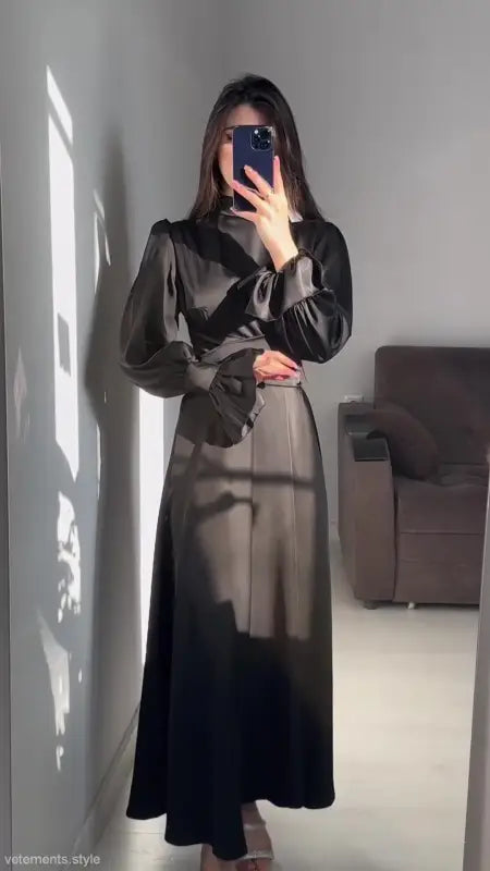 Elegant Puff Sleeve Ruffled Maxi Dress with Belted Mock Neck in mirror selfie display