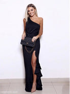 ELEGANT RUFFLED SLIT DRESS