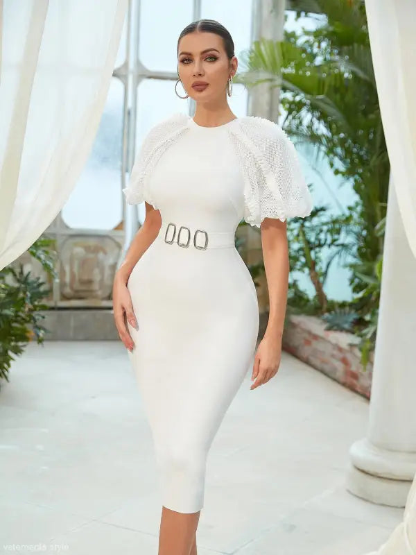 Elegant Shawl Bandage Dress featuring a White Midi Design with Puff Lantern Sleeves