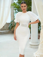 Elegant Shawl Bandage Dress with Lantern Sleeves in Solid Polyester, white shawl bandage