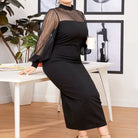 Elegant black bodycon dress with sheer long sleeves and a high neckline.