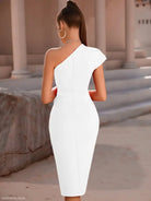 White one-shoulder midi dress featuring shoulder fold split design for modern elegance