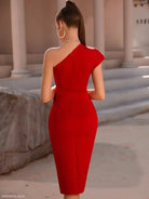 Elegant Shoulder Fold Split Dress in red showcasing a stylish one-shoulder design