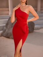 Red one-shoulder midi dress featuring a stylish shoulder fold split design