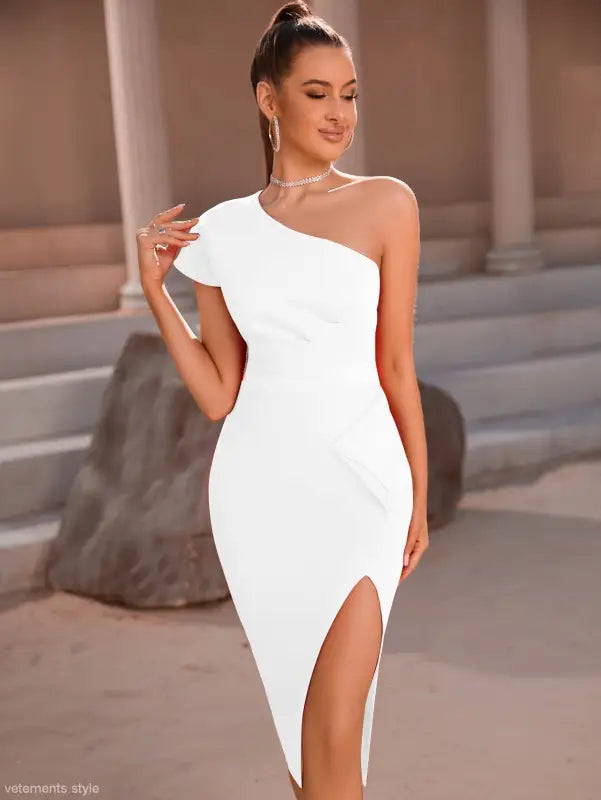 Elegant Shoulder Fold Split Dress in white featuring a one-shoulder design and bodycon style