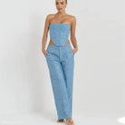 ELEGANT DENIM TOP WIDE LEG PANTS SUIT-VETEMENTS 