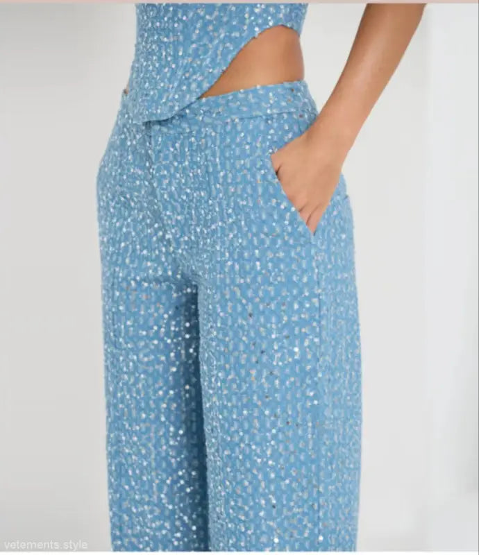 ELEGANT DENIM TOP WIDE LEG PANTS SUIT