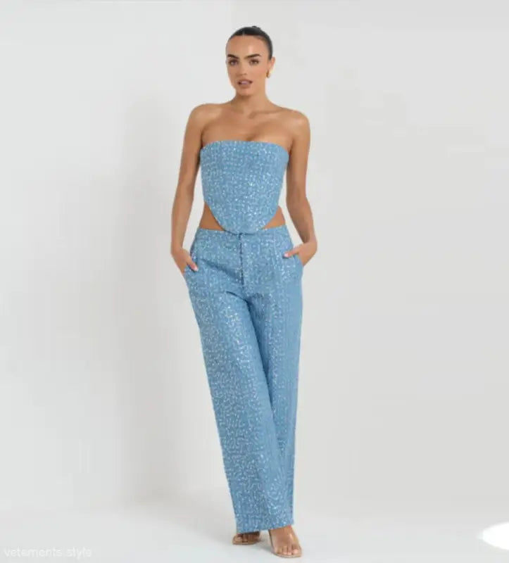 ELEGANT DENIM TOP WIDE LEG PANTS SUIT-VETEMENTS 