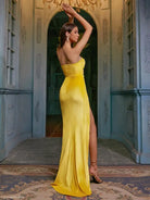 Strapless yellow satin evening gown dress with thigh-high slit and ruched design