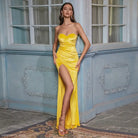 Elegant Slim Polyester Evening Gown featuring a yellow strapless design and thigh slit