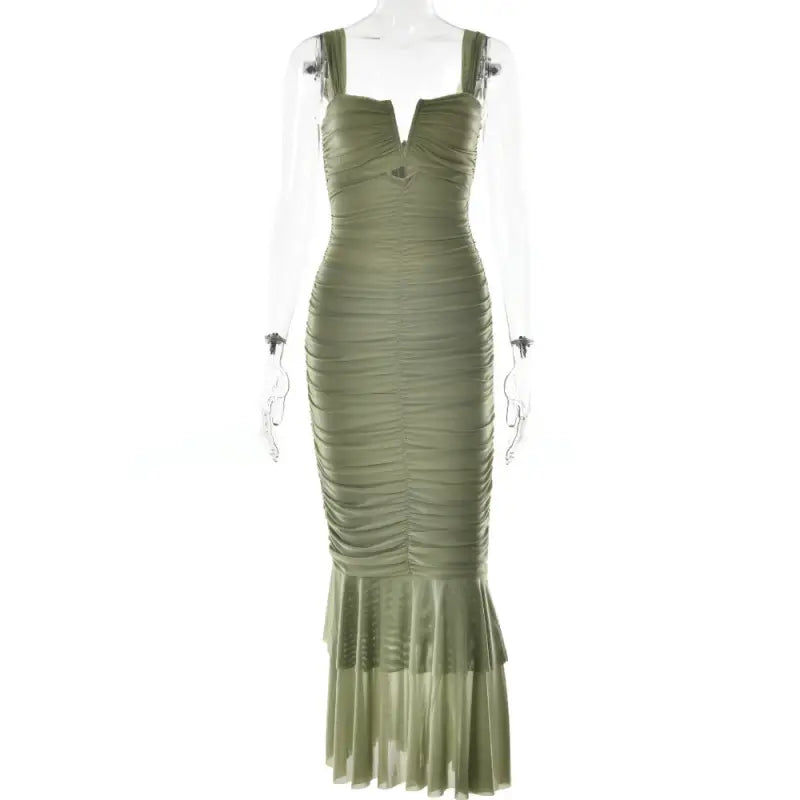 Olive green ruched mermaid-style dress with a sweetheart neckline and flared hem.