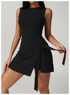 Sleeveless black mini dress with a wrap-style skirt and tie detail.