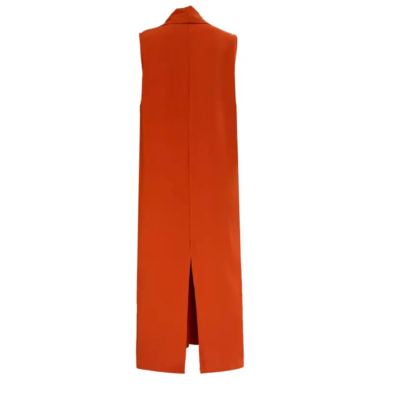 Long, sleeveless orange coat with a high collar and front slit.