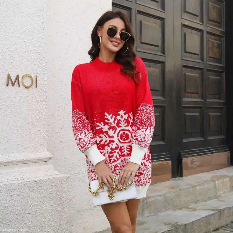 CHRISTMAS WOOLEN SNOWFLAKE JACQUARD LANTERN DRESS-VETEMENTS 