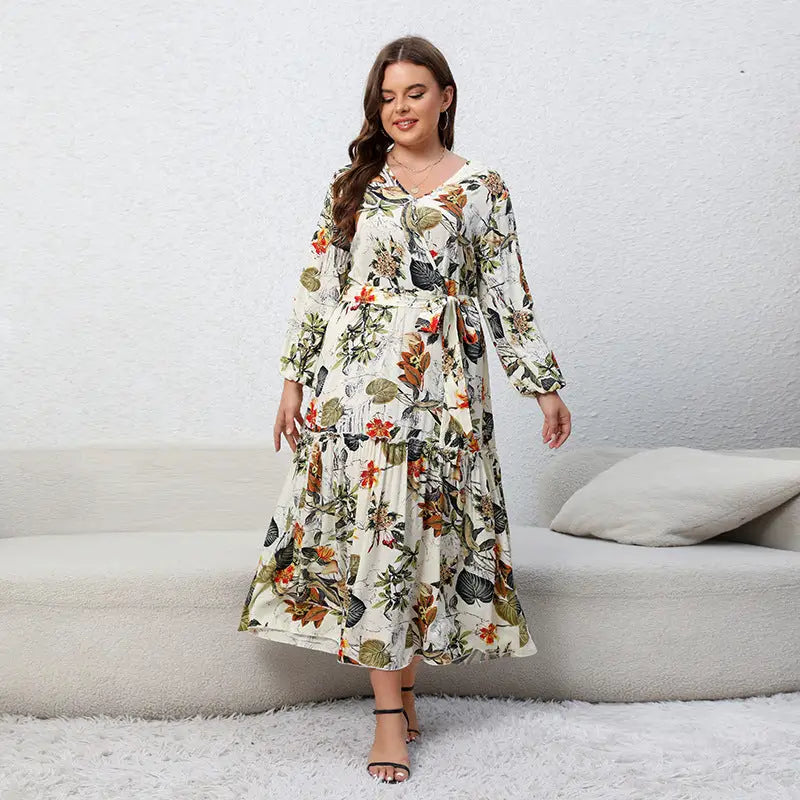 Floral print maxi dress with long sleeves and a v-neckline.