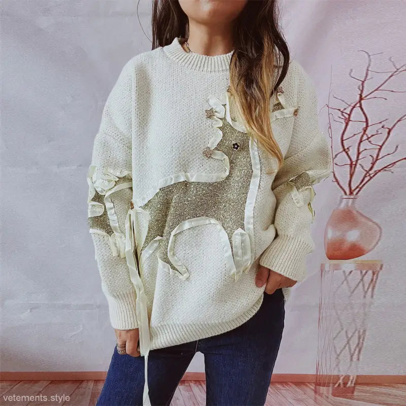 RIBBON GOLD THREAD JACQUARD DEER ROUND NECK THICKENED KNITTED PULLOVER-VETEMENTS 