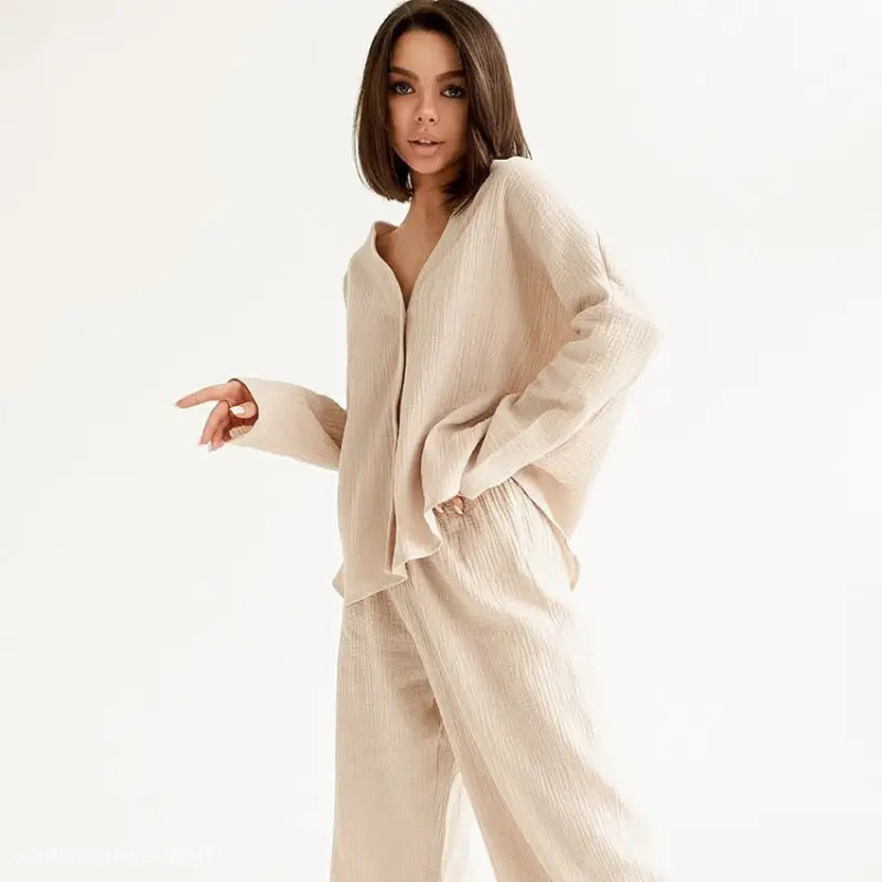 Summer Double Layer Crepe V-neck French Loose Comfortable Long Sleeve Pajamas Women  Cotton Linen Homewear Set-VETEMENTS 