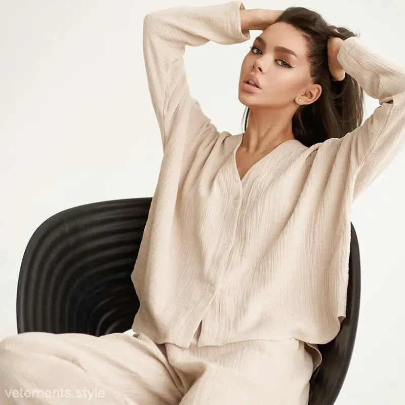 Summer Double Layer Crepe V-neck French Loose Comfortable Long Sleeve Pajamas Women  Cotton Linen Homewear Set-VETEMENTS 