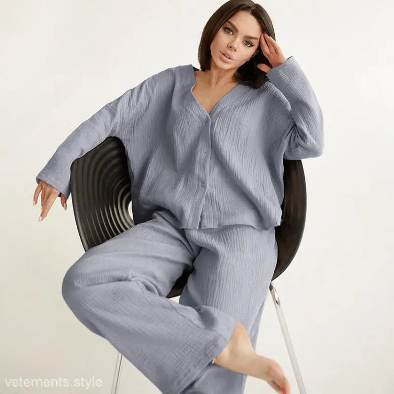 Summer Double Layer Crepe V-neck French Loose Comfortable Long Sleeve Pajamas Women  Cotton Linen Homewear Set-VETEMENTS 