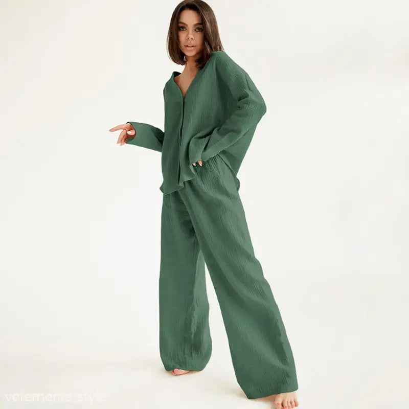 Summer Double Layer Crepe V-neck French Loose Comfortable Long Sleeve Pajamas Women  Cotton Linen Homewear Set-VETEMENTS 