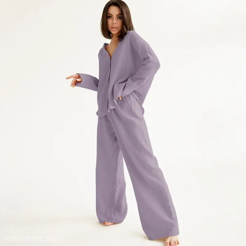 Summer Double Layer Crepe V-neck French Loose Comfortable Long Sleeve Pajamas Women  Cotton Linen Homewear Set-VETEMENTS 