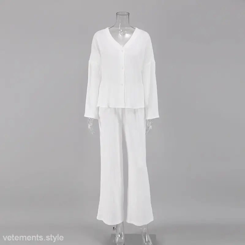 Summer Double Layer Crepe V-neck French Loose Comfortable Long Sleeve Pajamas Women  Cotton Linen Homewear Set-VETEMENTS 