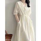 Elegant cream Retro V Neck Pleated Midi Dress with puff sleeves and cinched waist