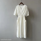 White cotton Retro V Neck Pleated Midi Dress with puffed sleeves and side pockets