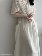 White flowy maxi dress with short sleeves and gathered waist, Retro V Neck Pleated Dress