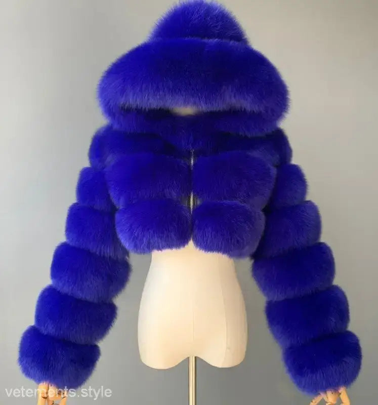 Royal Blue Faux Fur Coat with Elegant Zipper Closure