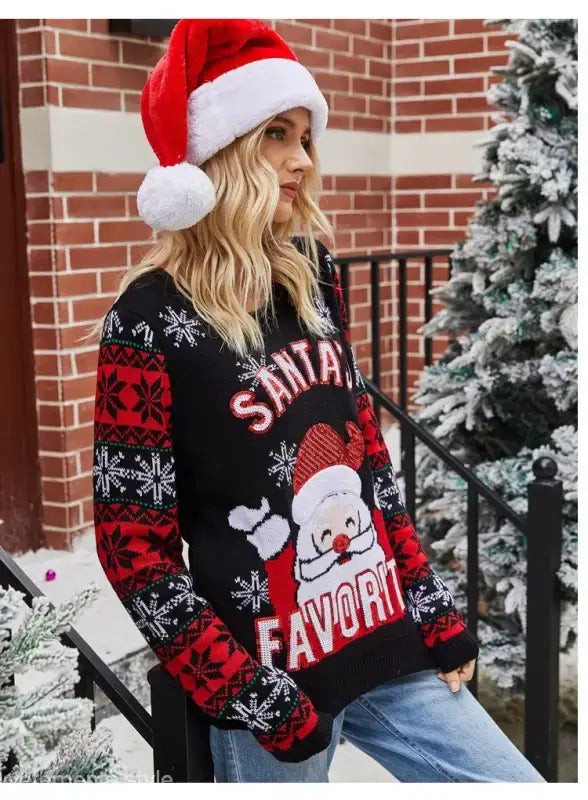 Santa Claus Embroidered Crew Neck Long Sleeve Pullover for Winter