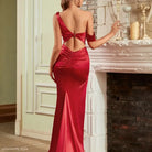 Red one-shoulder satin gown in a sexy high cocktail dress with asymmetric cutout design