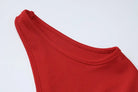 Red knit fabric collar of a garment.