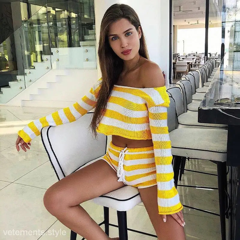 SEXY KNITTED STRIPED SHORTS SET-VETEMENTS 