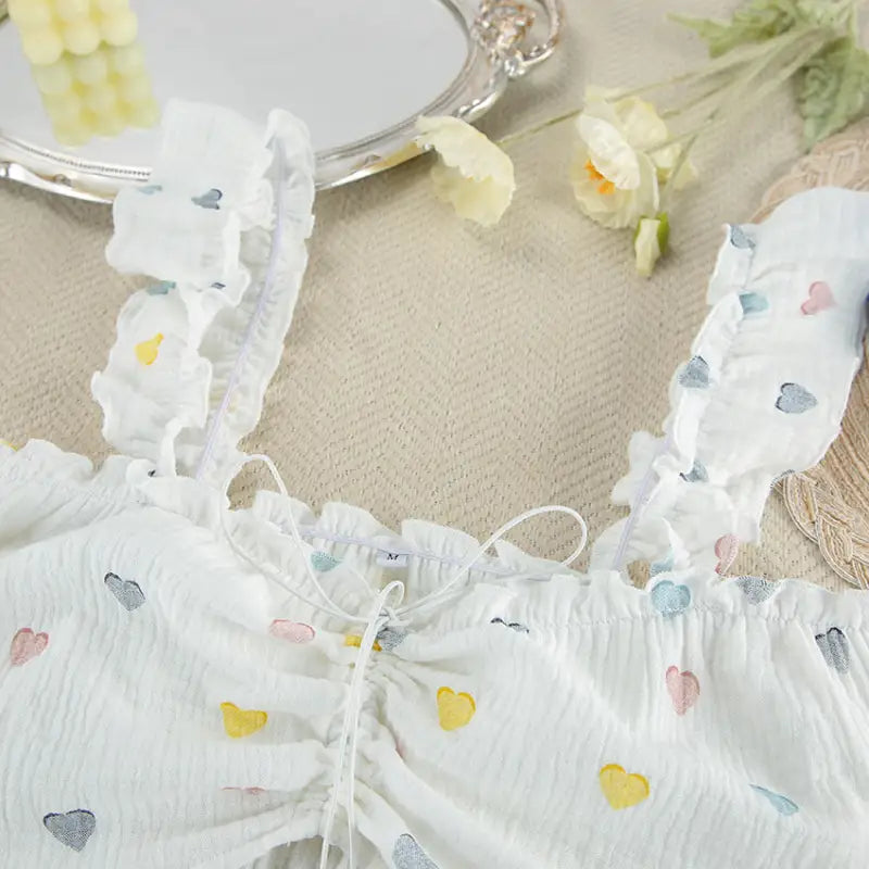 White ruffled top with colorful heart patterns.