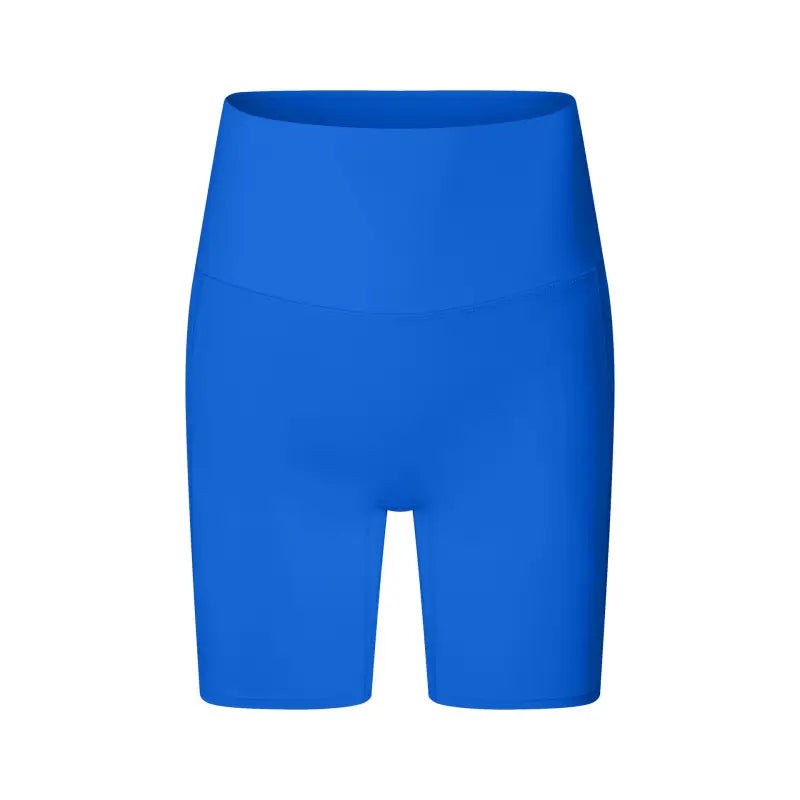 Bright blue high-waisted athletic shorts or bike shorts.