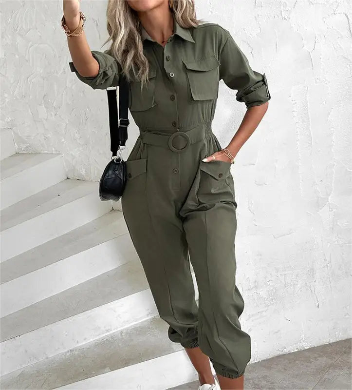 WAIST TIED CASUAL CARGO JUMPSUIT