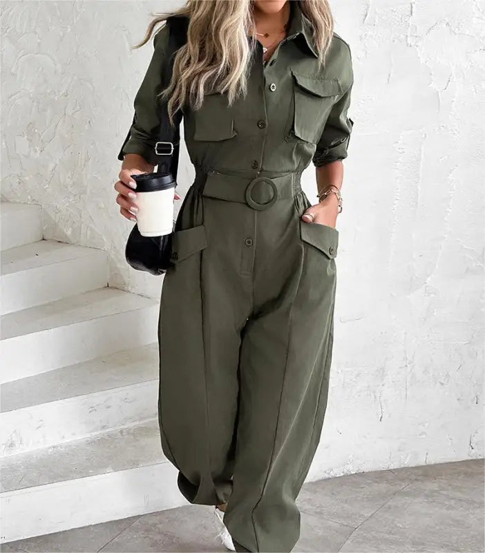 WAIST TIED CASUAL CARGO JUMPSUIT