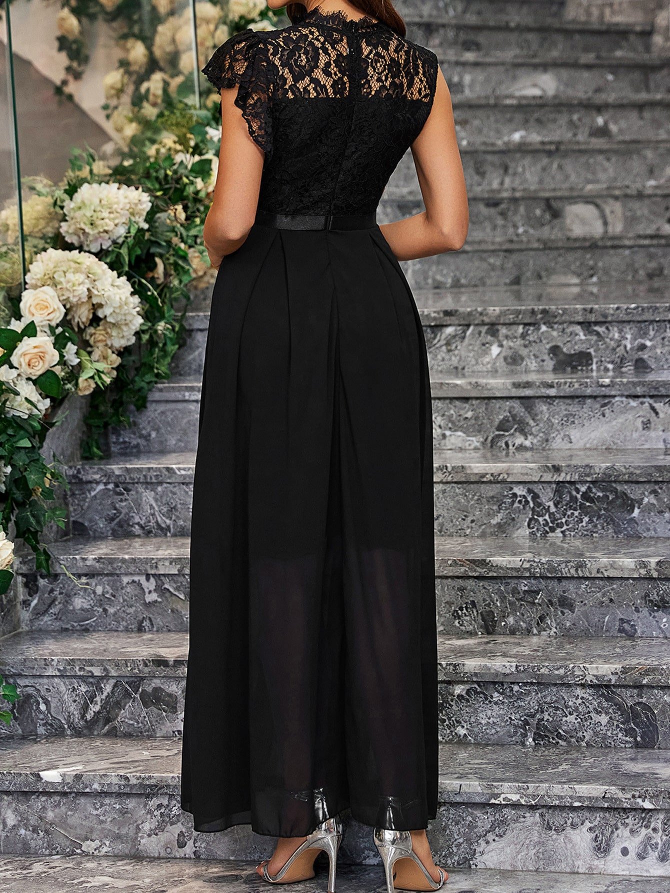 Elegant Lace Chiffon Slit Dress - Image 2