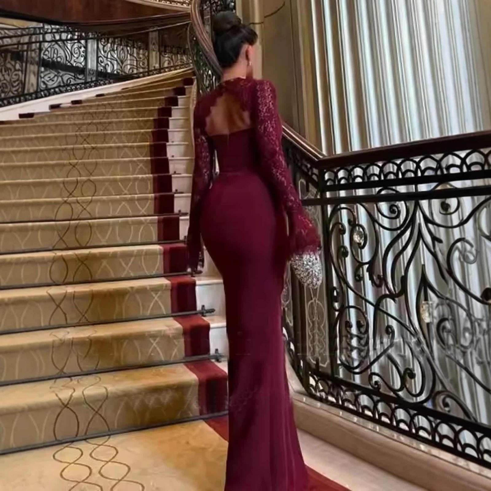 Long Sleeve Wine Red Dress - Image 2