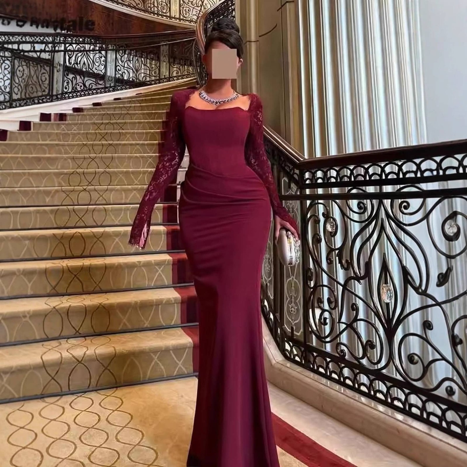 Long Sleeve Wine Red Dress - Image 4