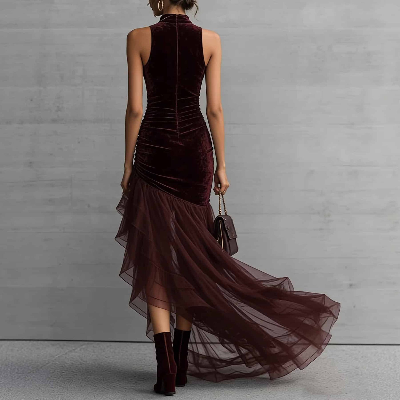 Velvet Slim Tulle Trailing Dress - Image 2