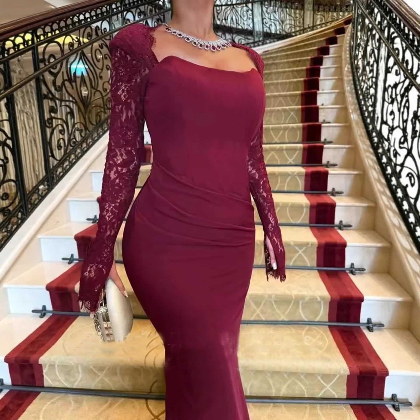 Long Sleeve Wine Red Dress - Image 3
