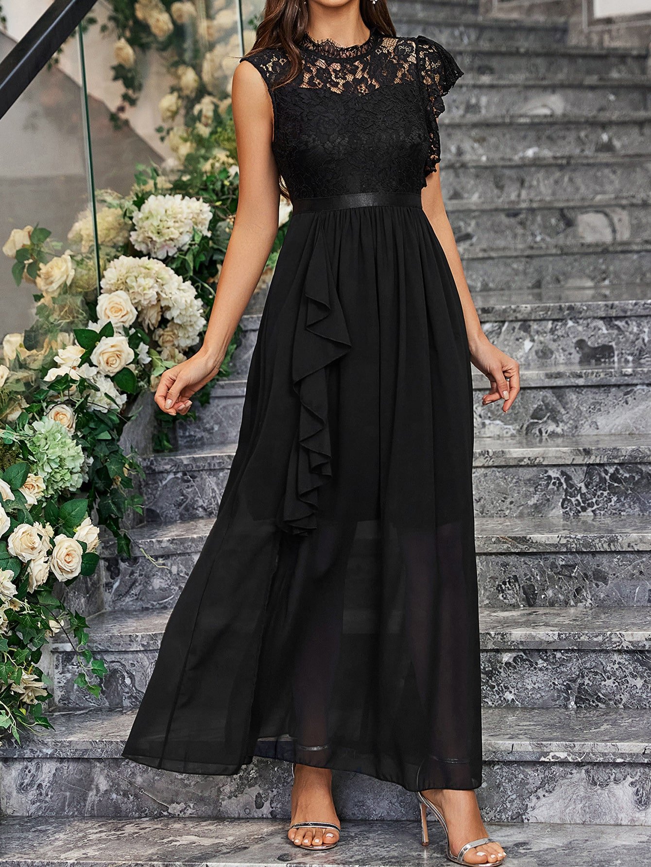 Elegant Lace Chiffon Slit Dress - Image 4