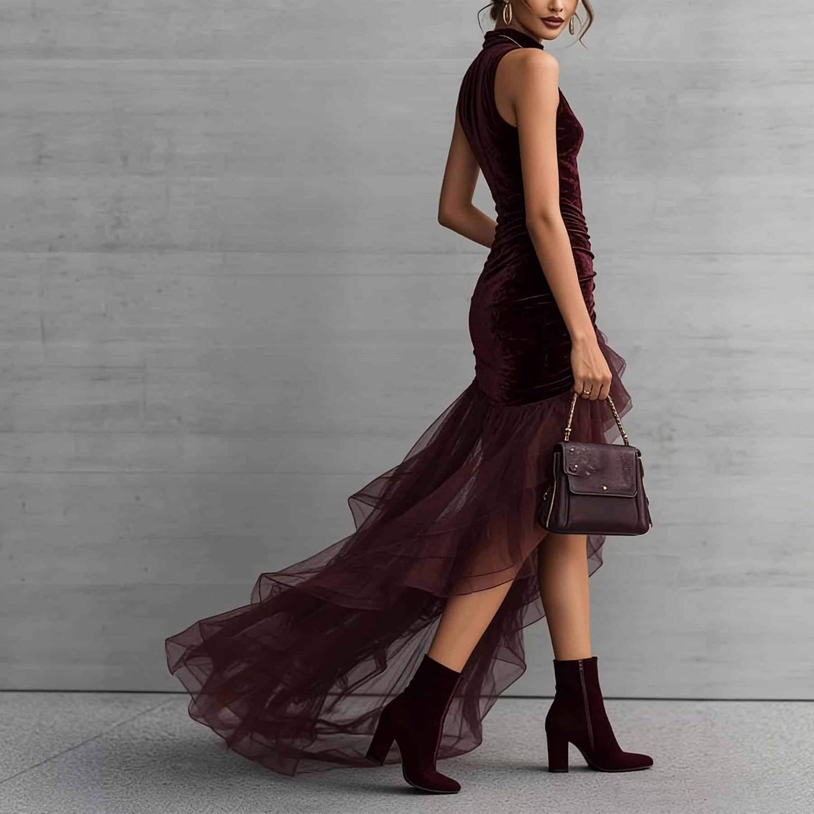 Velvet Slim Tulle Trailing Dress - Image 4
