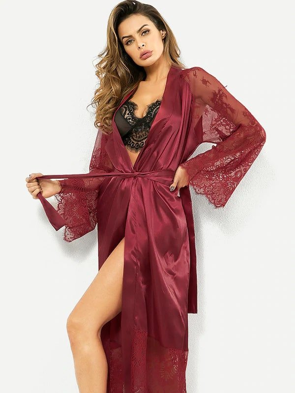 Long Sleeve satin Nightgown Bathrobe - Image 12