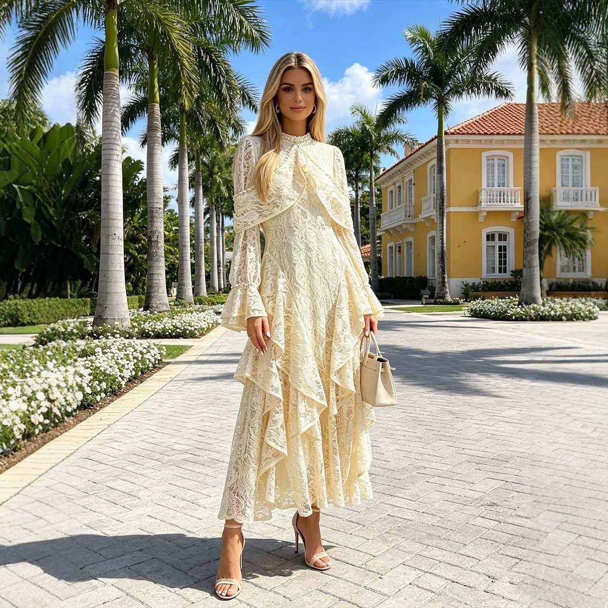 Elegant Beaded Lace Bell Sleeve Dress