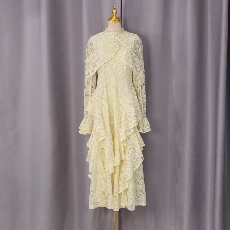 Elegant Beaded Lace Bell Sleeve Dress - Image 4